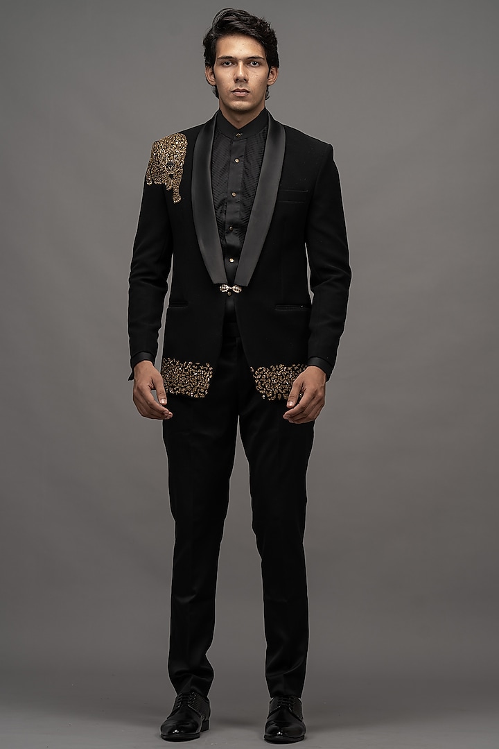 Black Embellished Tuxedo Set by Amrit Dawani