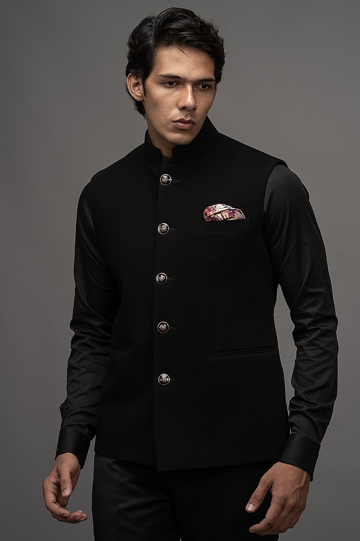 Black Japanese Wool Nehru Jacket  by Amrit Dawani at Pernia's Pop Up Shop