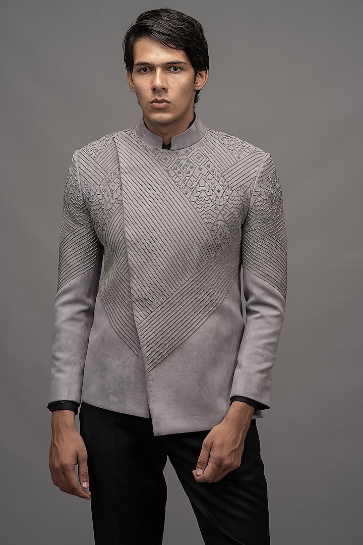 Grey Embellished Jodhpuri Set by Amrit Dawani