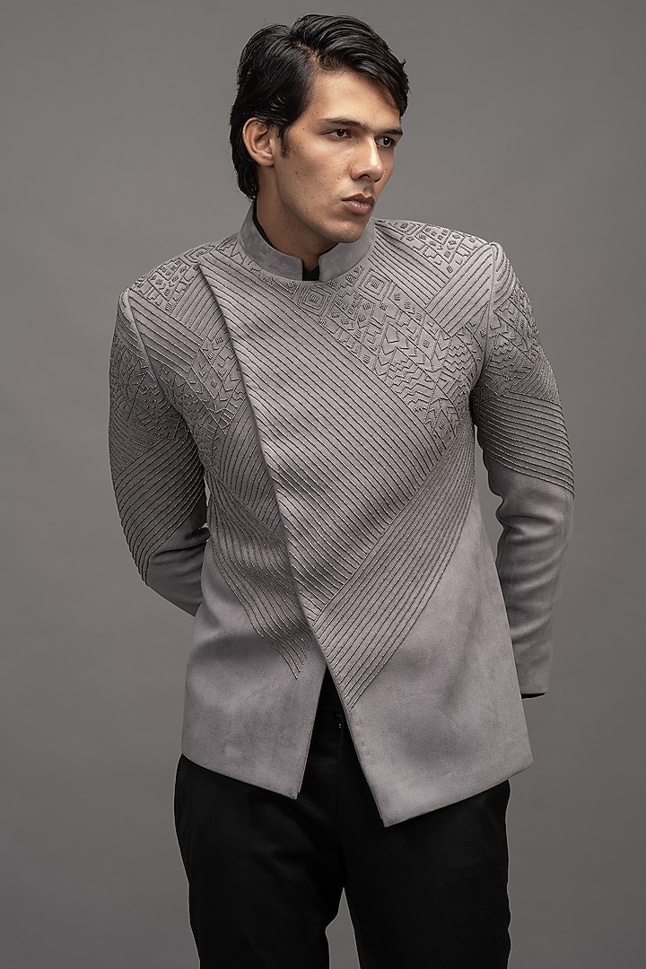 Grey Embellished Jodhpuri Set by Amrit Dawani at Pernia's Pop Up Shop