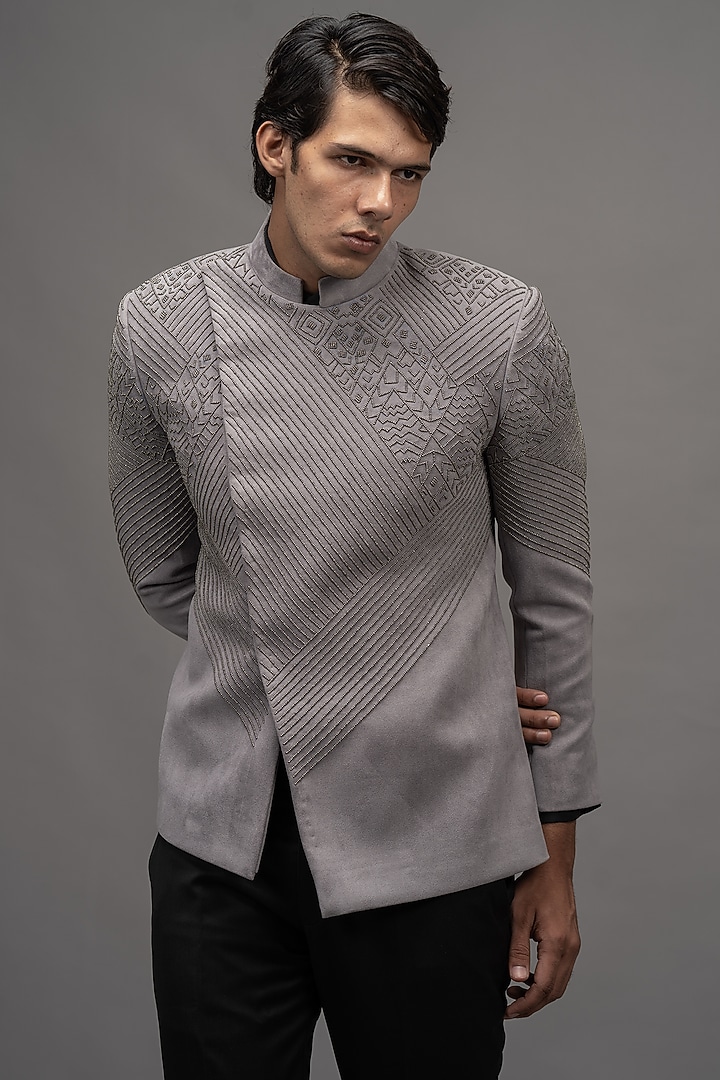 Grey Embellished Jodhpuri Set by Amrit Dawani at Pernia's Pop Up Shop