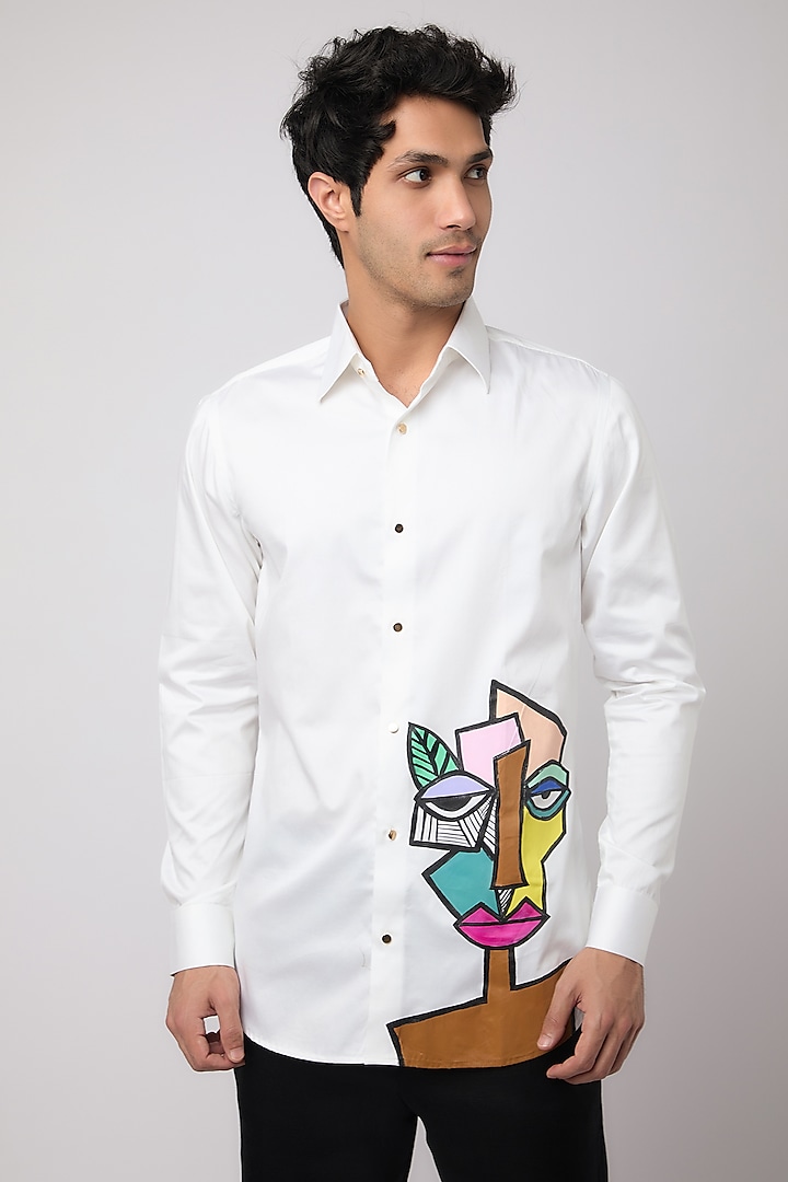 White Cotton Abstract Motif Hand Painted Shirt by Amrit Dawani