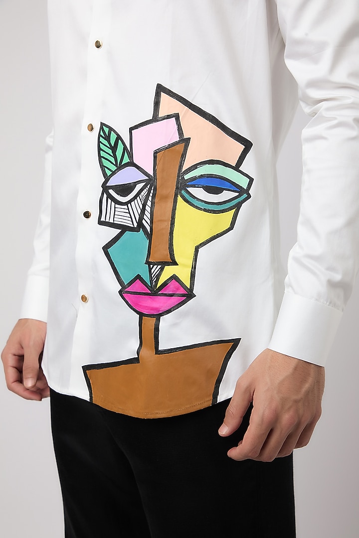 White Cotton Abstract Motif Hand Painted Party Wear Shirt by Amrit Dawani at Pernia's Pop Up Shop
