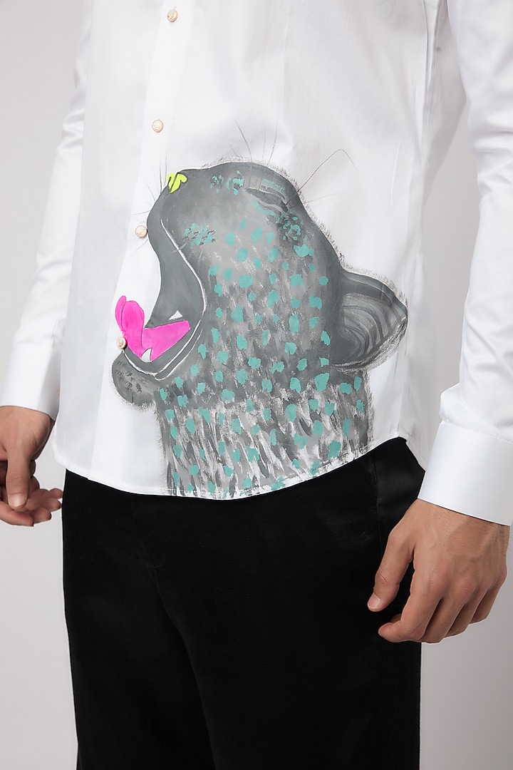 White Cotton Animal Motif Hand Painted Party Wear Shirt by Amrit Dawani at Pernia's Pop Up Shop