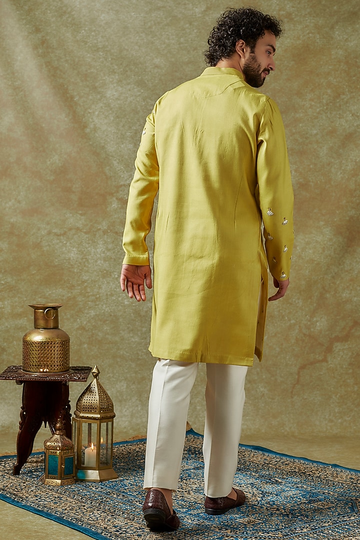 Lime Green Cotton Silk Hand Embroidered Kurta Set by Amrit Dawani at Pernia's Pop Up Shop