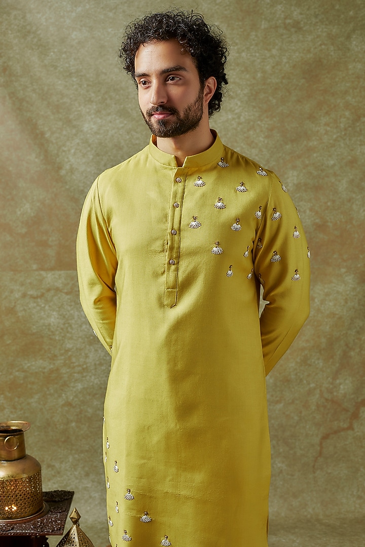 Lime Green Cotton Silk Hand Embroidered Kurta Set by Amrit Dawani at Pernia's Pop Up Shop