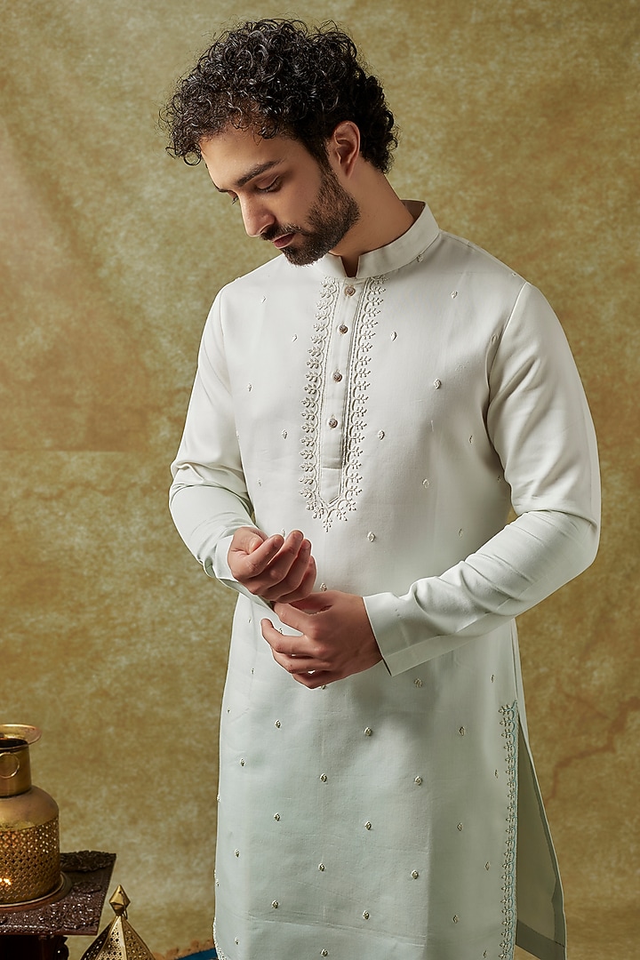 Mint Cotton Silk Hand Embroidered Kurta Set by Amrit Dawani at Pernia's Pop Up Shop