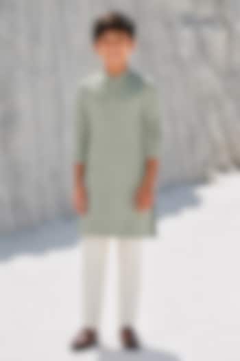 Green Silk Floral Embroidered Kurta Set For Boys by Amrit Dawani Kids at Pernia's Pop Up Shop