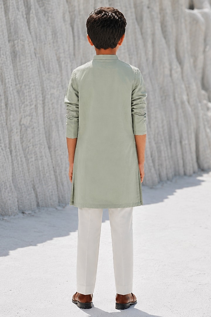 Green Silk Floral Embroidered Kurta Set For Boys by Amrit Dawani Kids at Pernia's Pop Up Shop