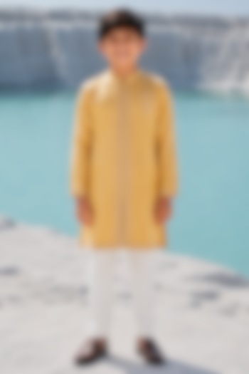 Mustard Yellow Modal Silk Hand Embroidered Kurta Set For Boys by Amrit Dawani Kids at Pernia's Pop Up Shop