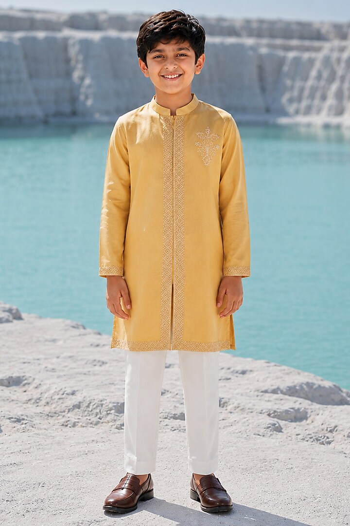 Mustard Yellow Modal Silk Hand Embroidered Kurta Set For Boys by Amrit Dawani Kids at Pernia's Pop Up Shop