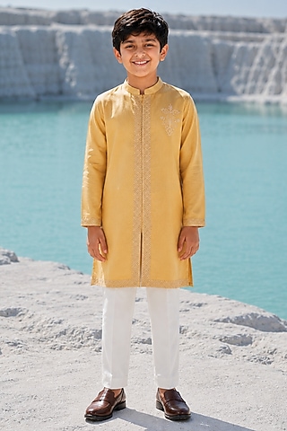 Mustard Yellow Modal Silk Hand Embroidered Kurta Set For Boys by Amrit Dawani Kids