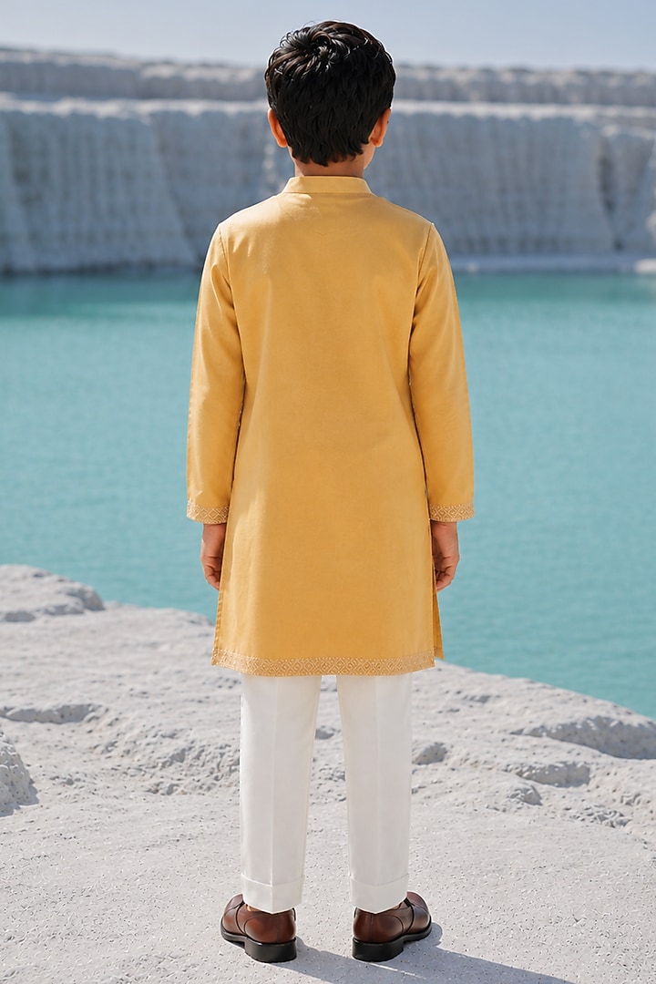 Mustard Yellow Modal Silk Hand Embroidered Kurta Set For Boys by Amrit Dawani Kids at Pernia's Pop Up Shop