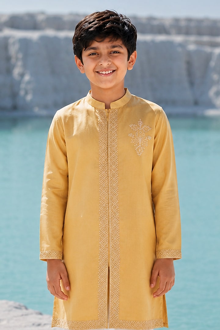 Mustard Yellow Modal Silk Hand Embroidered Kurta Set For Boys by Amrit Dawani Kids at Pernia's Pop Up Shop