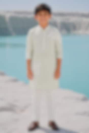 Mint Green Cotton Silk Blend Hand Embroidered Kurta Set For Boys by Amrit Dawani Kids at Pernia's Pop Up Shop