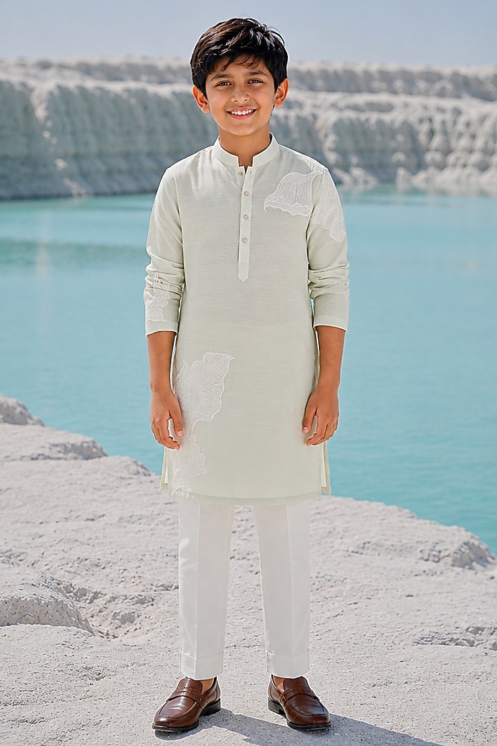 Mint Green Cotton Silk Blend Hand Embroidered Kurta Set For Boys by Amrit Dawani Kids at Pernia's Pop Up Shop