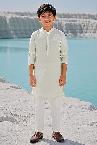 Mint Green Cotton Silk Blend Hand Embroidered Kurta Set For Boys by Amrit Dawani Kids