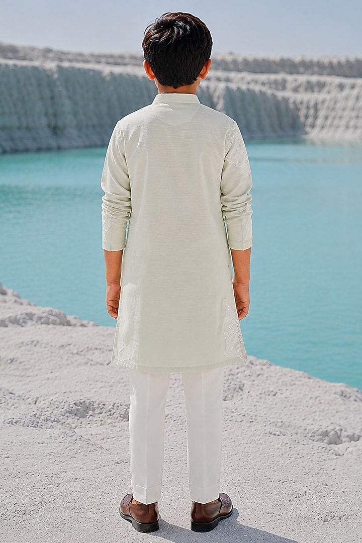 Mint Green Cotton Silk Blend Hand Embroidered Kurta Set For Boys by Amrit Dawani Kids at Pernia's Pop Up Shop