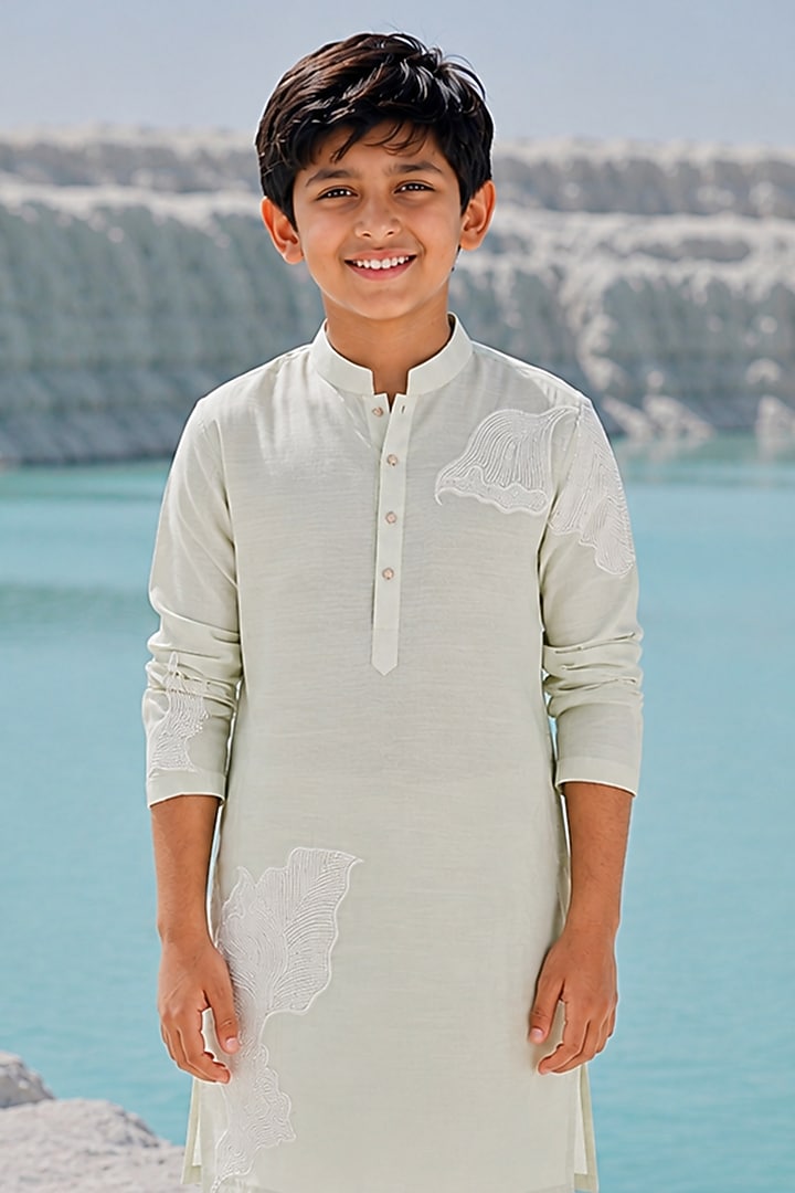 Mint Green Cotton Silk Blend Hand Embroidered Kurta Set For Boys by Amrit Dawani Kids at Pernia's Pop Up Shop