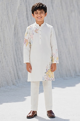 Ivory Modal Silk Hand Embroidered Kurta Set For Boys by Amrit Dawani Kids