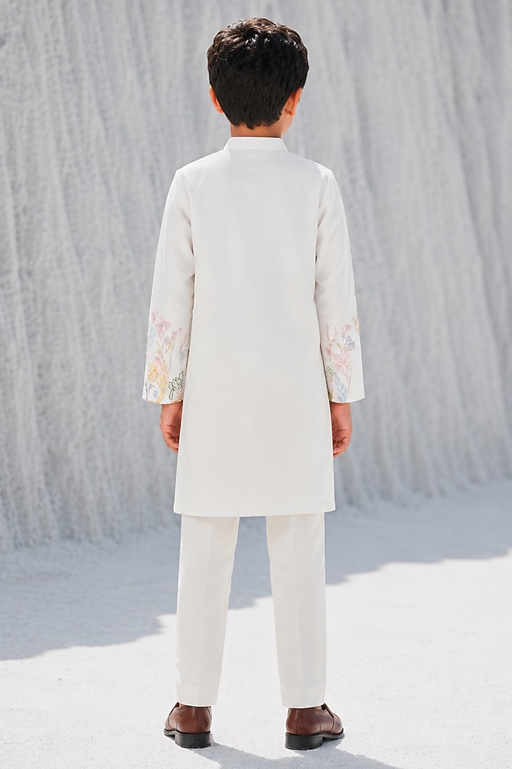 Ivory Modal Silk Hand Embroidered Kurta Set For Boys by Amrit Dawani Kids at Pernia's Pop Up Shop