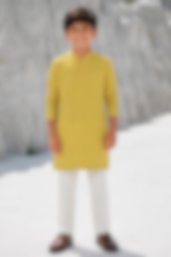 Lime Yellow Cotton Silk Blend Hand Embroidered Kurta Set For Boys by Amrit Dawani Kids at Pernia's Pop Up Shop