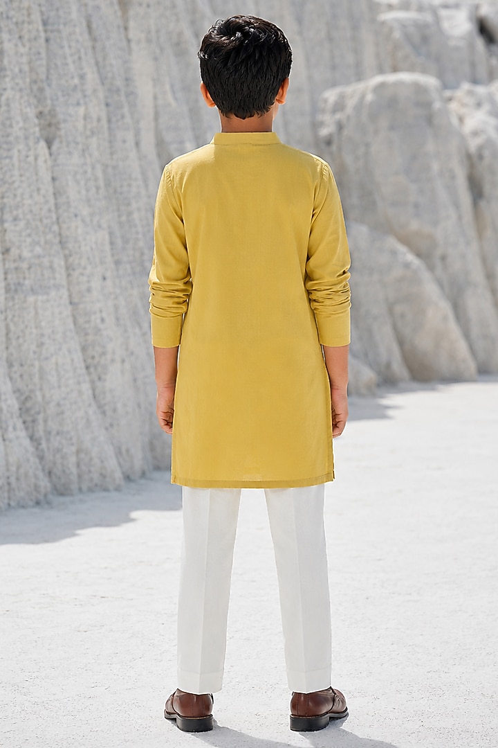 Lime Yellow Cotton Silk Blend Hand Embroidered Kurta Set For Boys by Amrit Dawani Kids at Pernia's Pop Up Shop