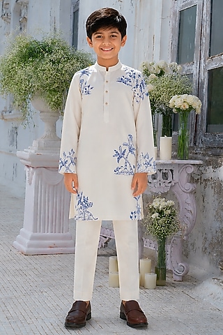 Ivory Modal Silk Hand Painted Kurta Set For Boys by Amrit Dawani Kids