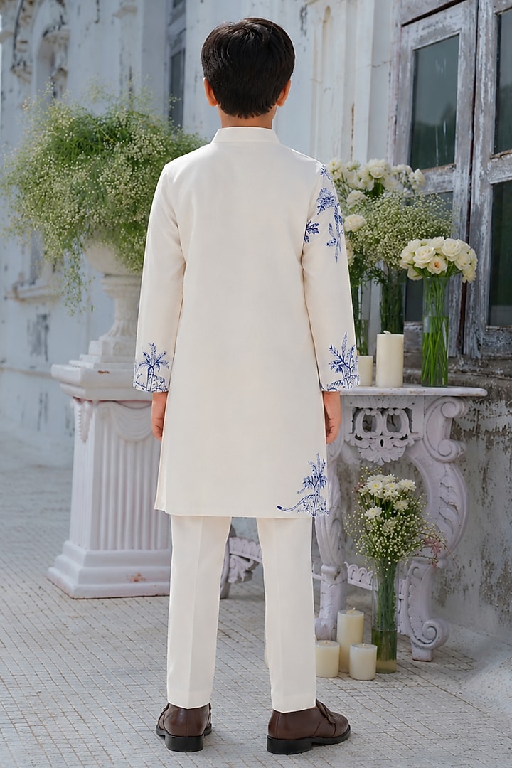 Ivory Modal Silk Hand Painted Kurta Set For Boys by Amrit Dawani Kids at Pernia's Pop Up Shop