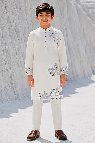 Ivory Modal Silk Thread Work Kurta Set For Boys by Amrit Dawani Kids