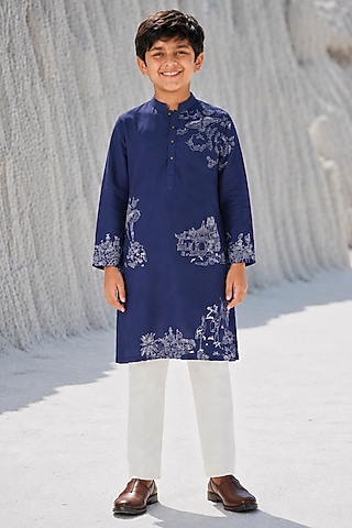 Navy Blue Cotton Silk Blend Thread Work Kurta Set For Boys by Amrit Dawani Kids