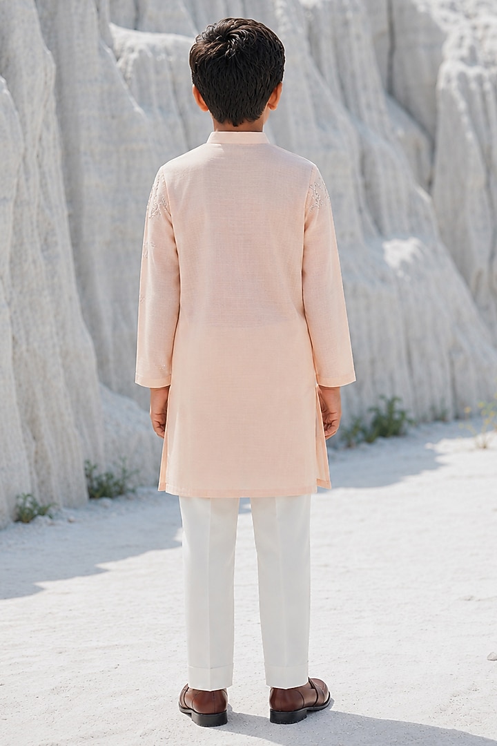 Peach Cotton Silk Blend Thread Embroidered Kurta Set For Boys by Amrit Dawani Kids at Pernia's Pop Up Shop