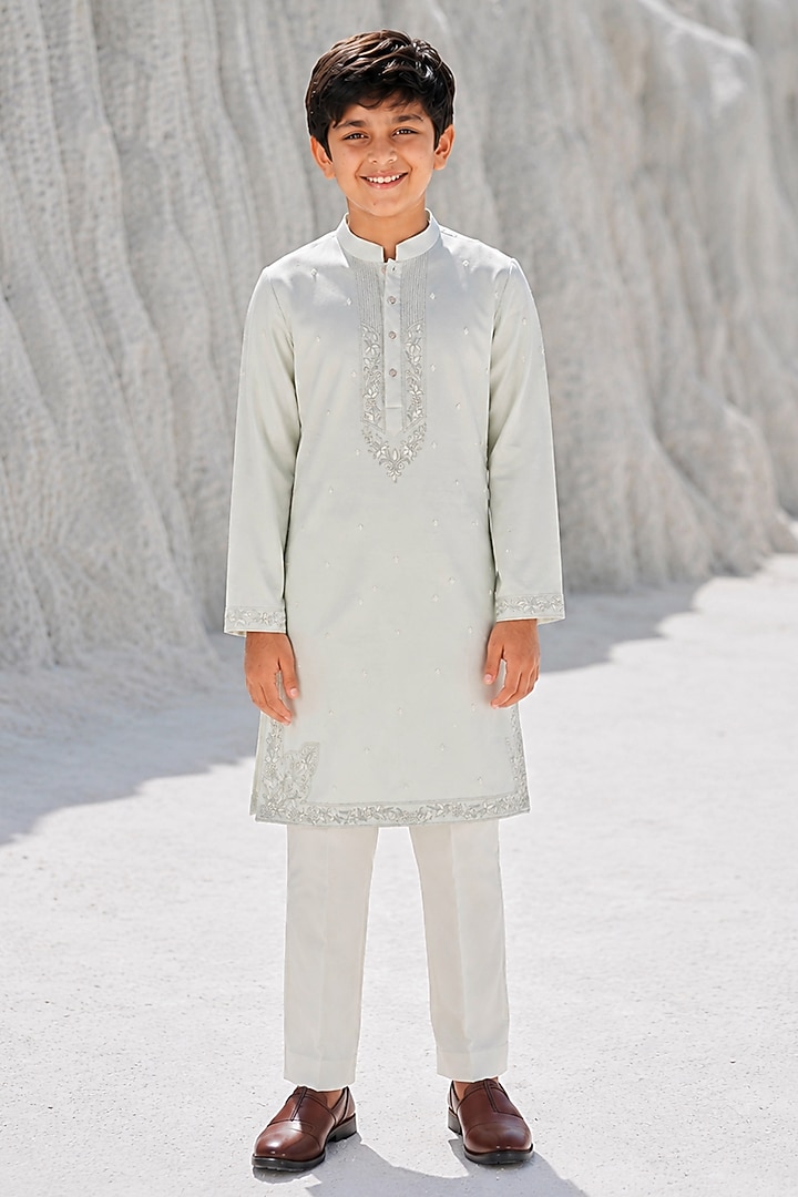 Mint Green Modal Silk Resham Work Kurta Set For Boys by Amrit Dawani Kids at Pernia's Pop Up Shop