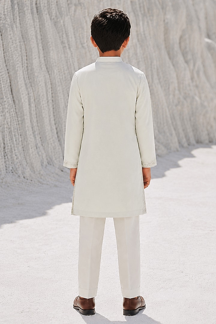 Mint Green Modal Silk Resham Work Kurta Set For Boys by Amrit Dawani Kids at Pernia's Pop Up Shop