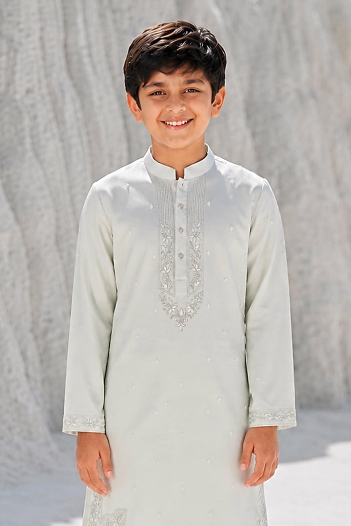 Mint Green Modal Silk Resham Work Kurta Set For Boys by Amrit Dawani Kids at Pernia's Pop Up Shop