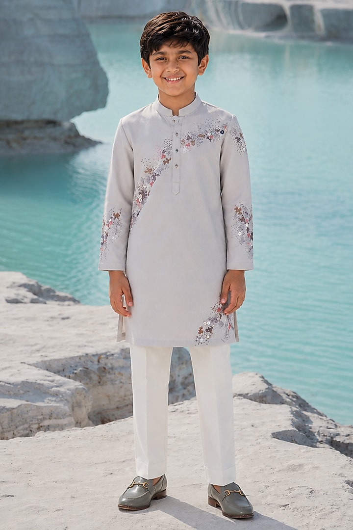 Grey Modal Silk Pearl Embroidered Kurta Set For Boys by Amrit Dawani Kids at Pernia's Pop Up Shop