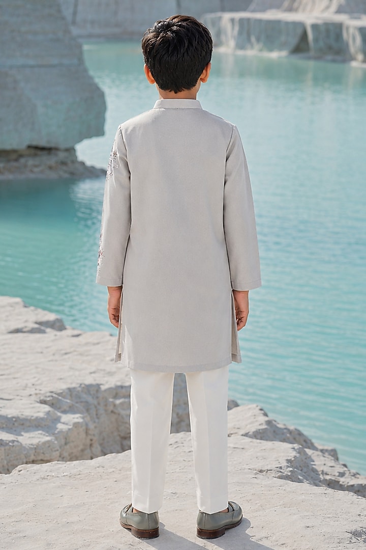 Grey Modal Silk Pearl Embroidered Kurta Set For Boys by Amrit Dawani Kids at Pernia's Pop Up Shop