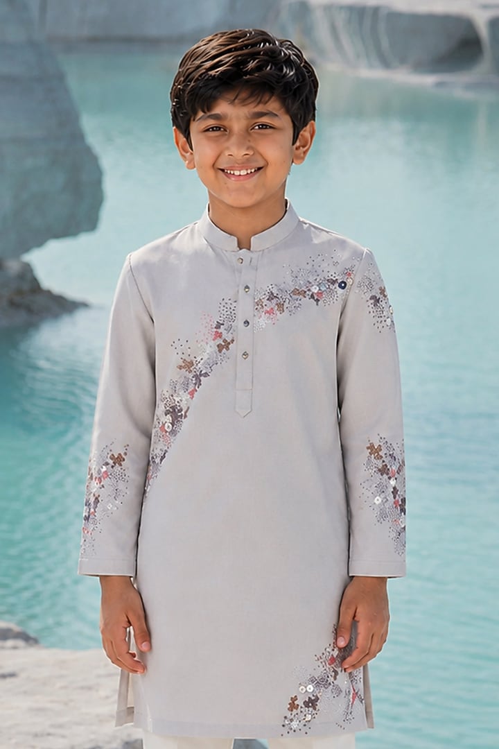 Grey Modal Silk Pearl Embroidered Kurta Set For Boys by Amrit Dawani Kids at Pernia's Pop Up Shop