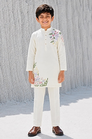 Butter Yellow Modal Silk Floral Hand Painted Kurta Set For Boys by Amrit Dawani Kids