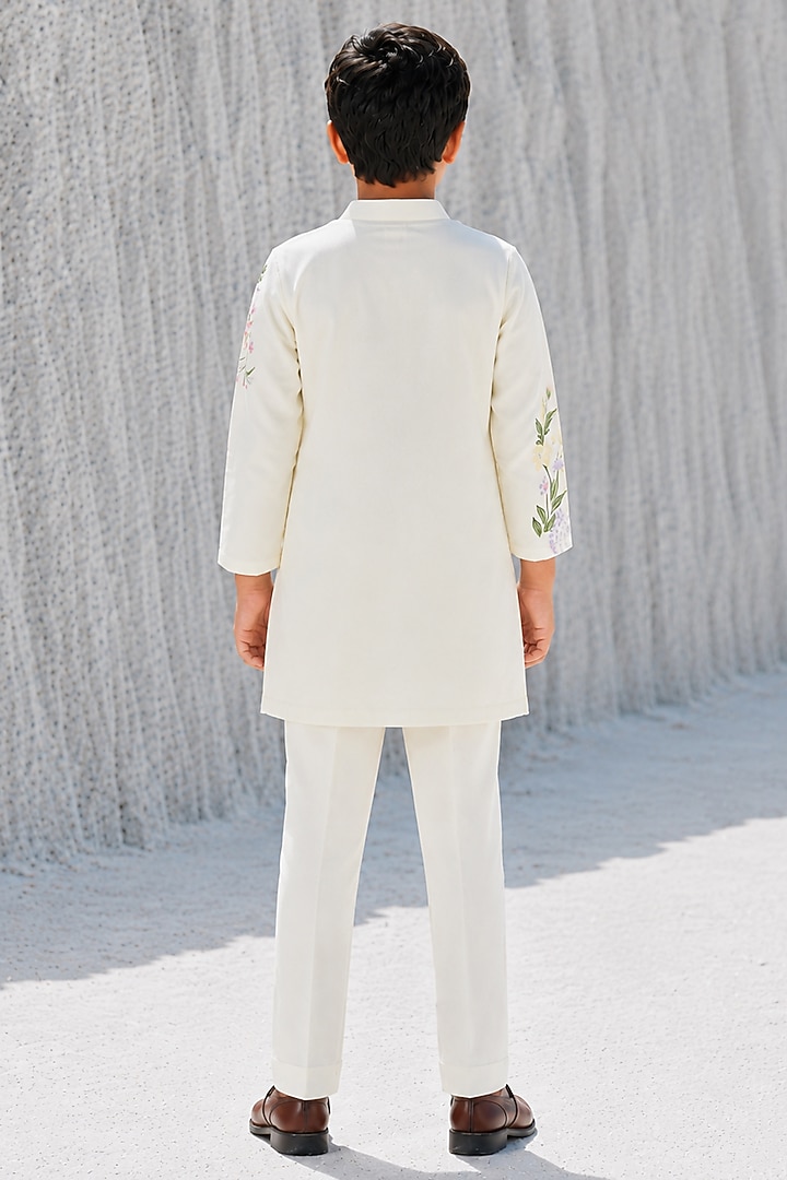 Butter Yellow Modal Silk Floral Hand Painted Kurta Set For Boys by Amrit Dawani Kids at Pernia's Pop Up Shop