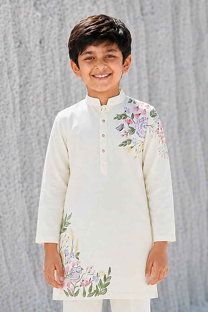 Butter Yellow Modal Silk Floral Hand Painted Kurta Set For Boys by Amrit Dawani Kids at Pernia's Pop Up Shop