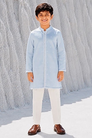 Powder Blue Modal Silk Kurta Set For Boys by Amrit Dawani Kids