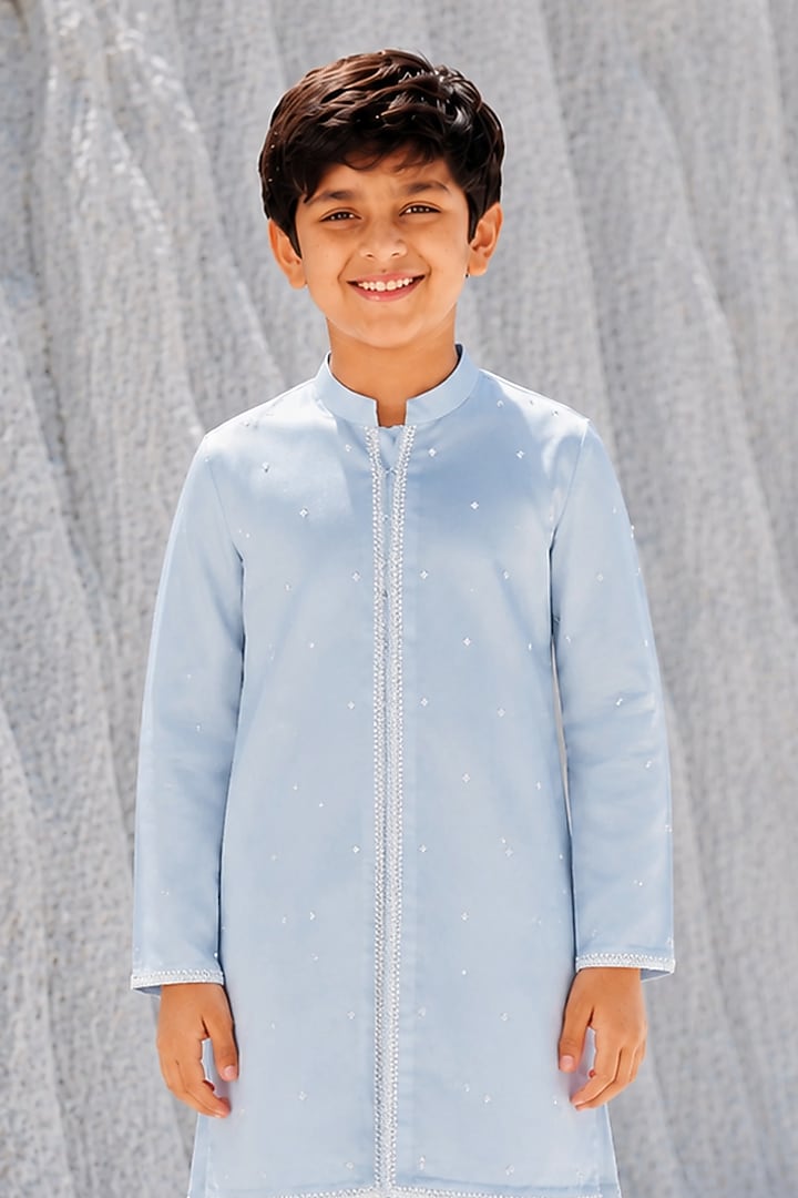 Powder Blue Modal Silk Kurta Set For Boys by Amrit Dawani Kids at Pernia's Pop Up Shop