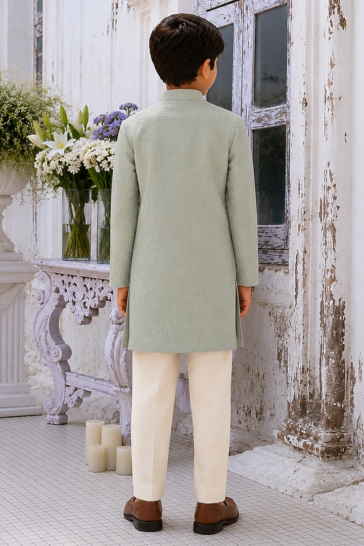 Green Textured Chanderi Kurta Set For Boys by Amrit Dawani Kids at Pernia's Pop Up Shop