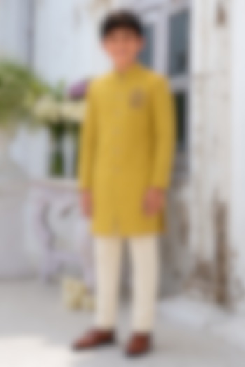 Lime Green Cotton Silk Blend Embroidered Kurta Set For Boys by Amrit Dawani Kids at Pernia's Pop Up Shop