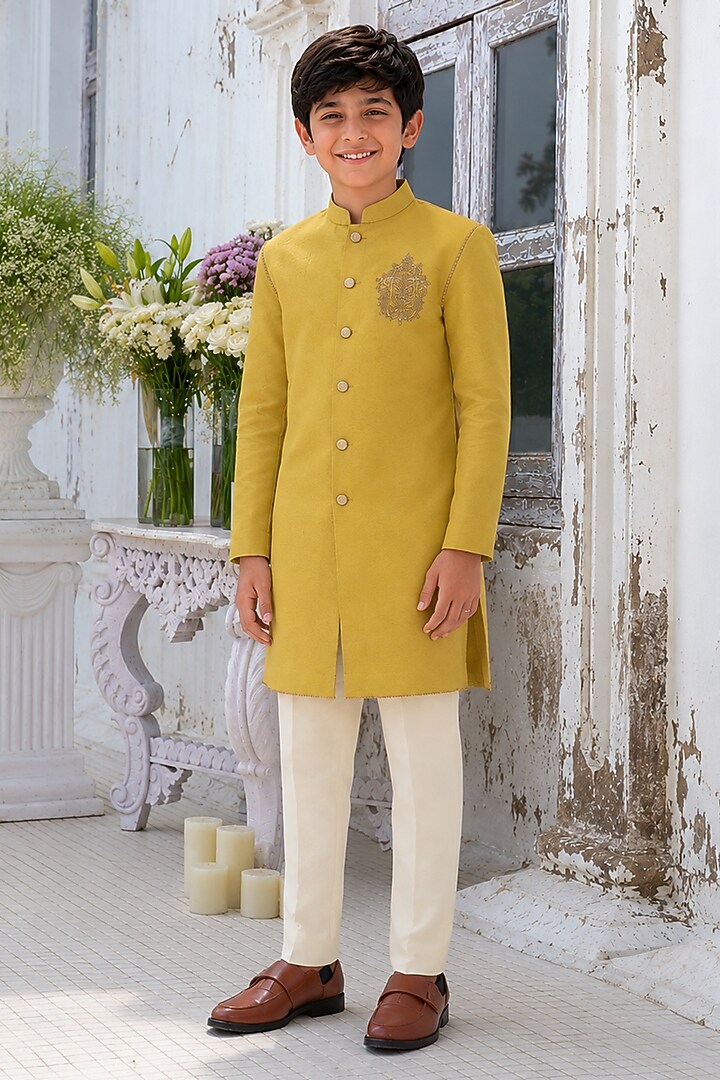 Lime Green Cotton Silk Blend Embroidered Kurta Set For Boys by Amrit Dawani Kids at Pernia's Pop Up Shop