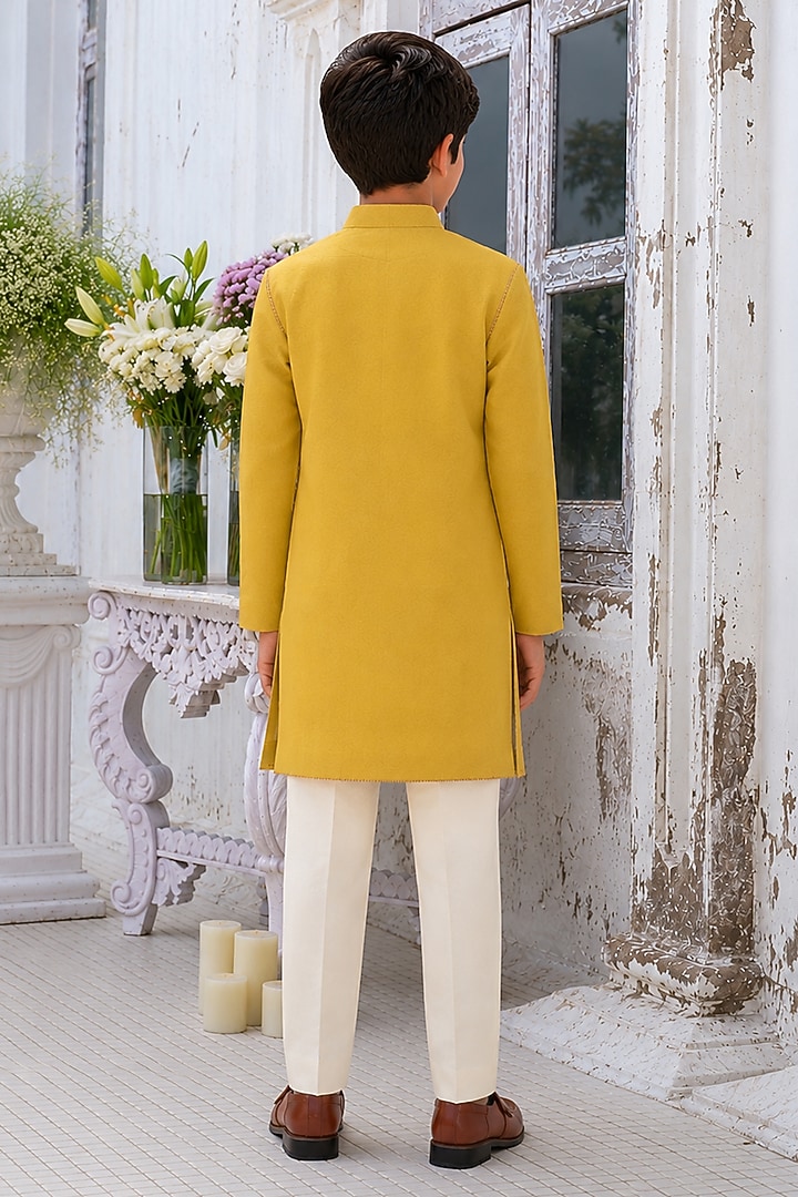 Lime Green Cotton Silk Blend Embroidered Kurta Set For Boys by Amrit Dawani Kids at Pernia's Pop Up Shop