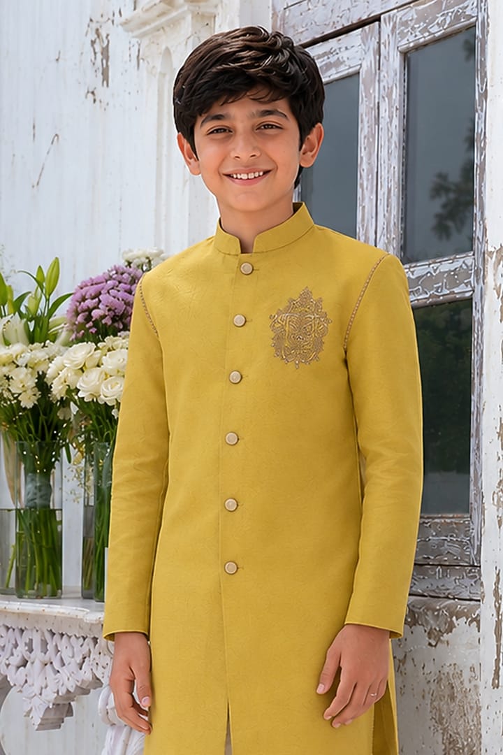 Lime Green Cotton Silk Blend Embroidered Kurta Set For Boys by Amrit Dawani Kids at Pernia's Pop Up Shop