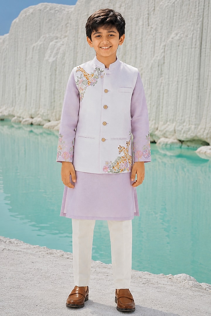 Lilac Modal Silk Floral Embroidered Bundi Jacket Set For Boys by Amrit Dawani Kids at Pernia's Pop Up Shop