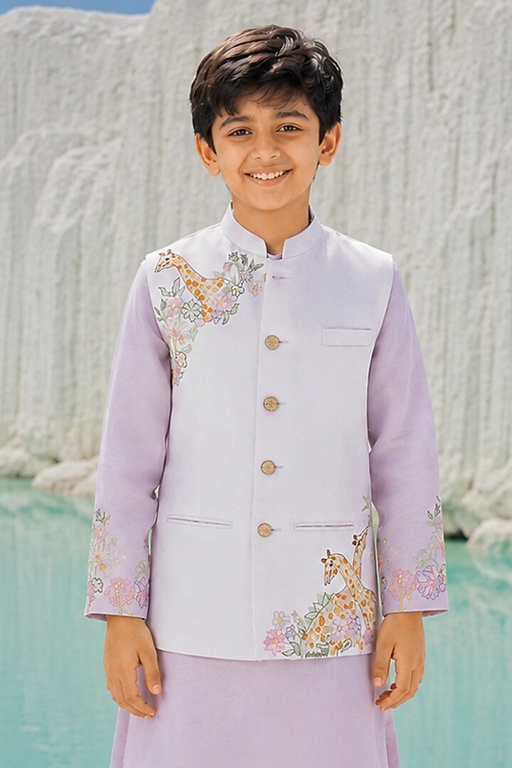 Lilac Modal Silk Floral Embroidered Bundi Jacket Set For Boys by Amrit Dawani Kids at Pernia's Pop Up Shop